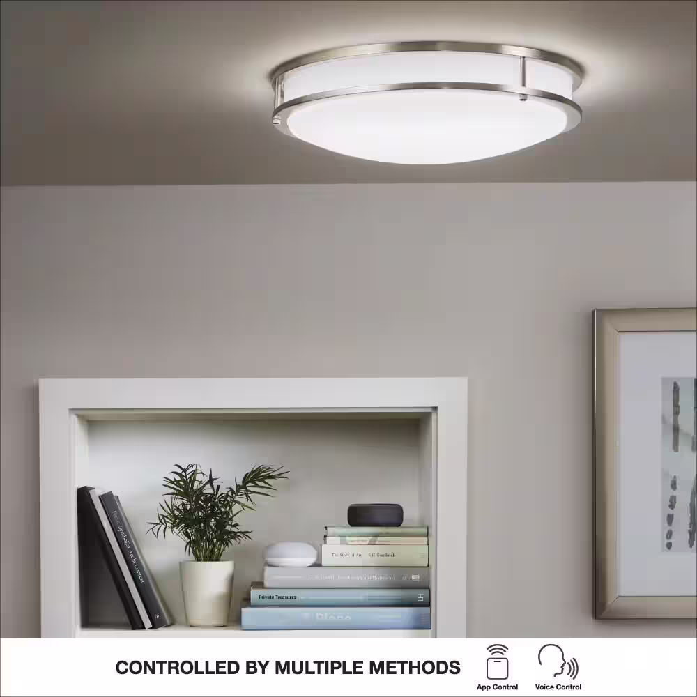 Commercial Electric 16 in. Smart Round RGB Color Selectable LED Brushed Nickel Flush Mount Powered by Hubspace
