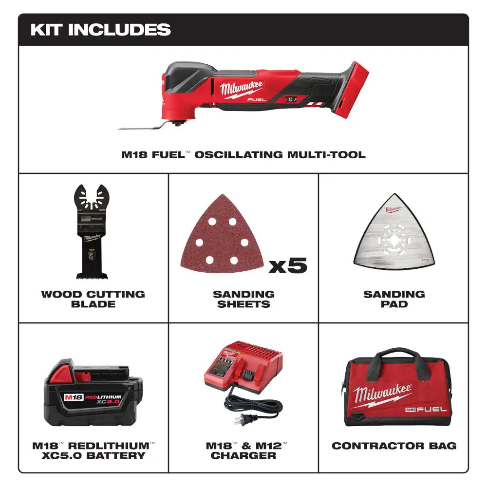 Milwaukee M18 FUEL 18V Lithium-Ion Cordless Brushless Oscillating Multi-Tool Kit with one 5.0 Ah Battery, Charger and Tool Bag