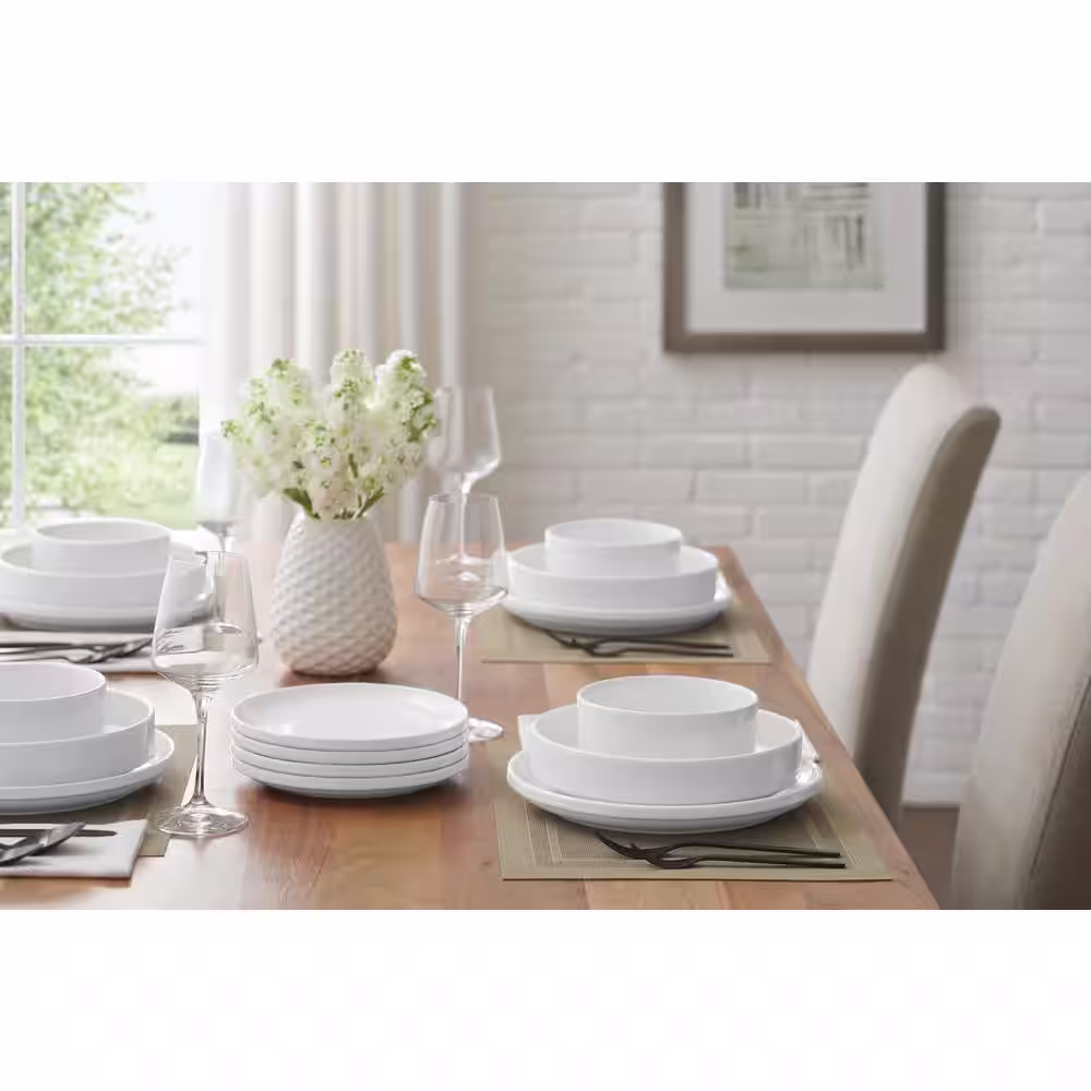 Home Decorators Collection Chastain 32-Piece Solid Stoneware Dinnerware Set in Gloss White (Service for 8)
