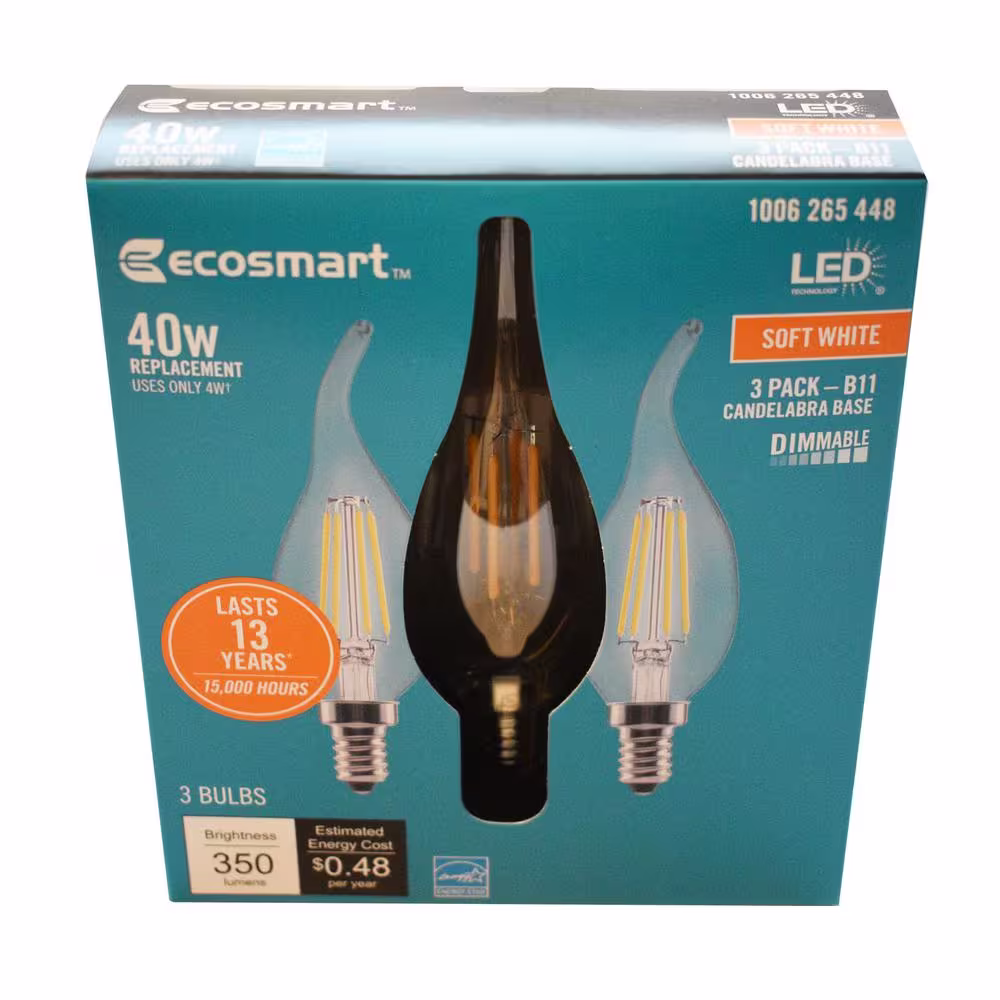 EcoSmart 40-Watt Equivalent B11 Dimmable Candelabra Flame Bent Tip Clear Glass LED Vintage Edison Light Bulb Soft White (3-Pack)