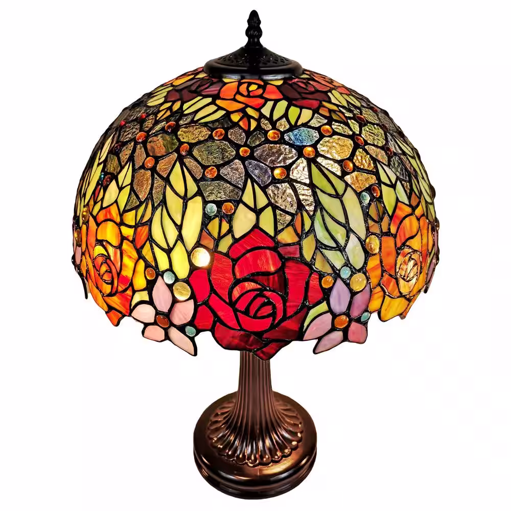 Amora Lighting 23 in. Tiffany Style Red Yellow Rose Floral Banker Table Lamp