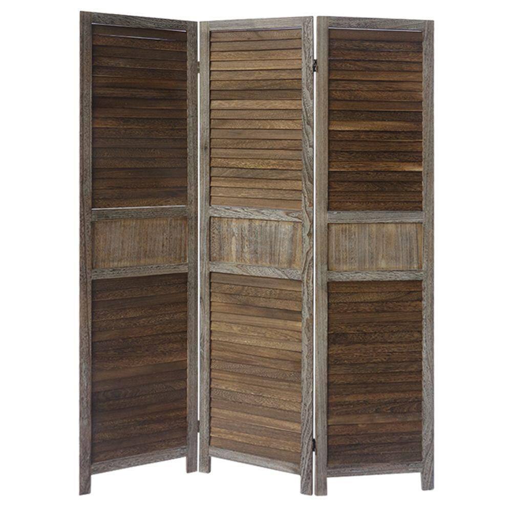THE URBAN PORT 5.57 ft. Brown and Gray 3-Panel Foldable Wooden Room Divider Privacy Screen with Grains and Metal Hinges