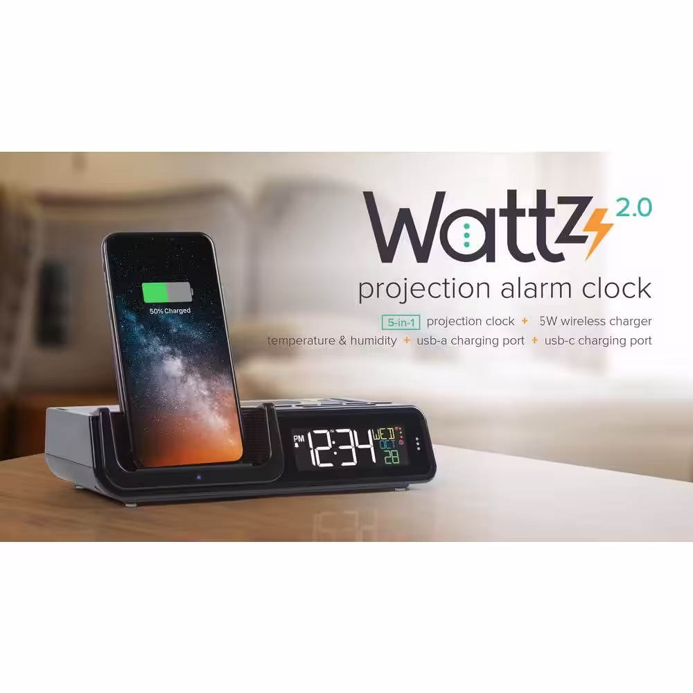 None Wattz 2.0 Projection 5-Watt Wireless Charging Alarm Clock with Docking Station and Headphone Stand
