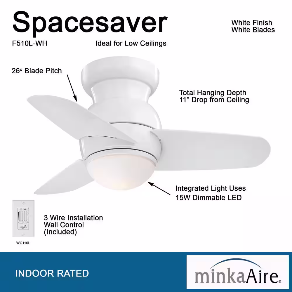 MINKA-AIRE Spacesaver 26 in. Integrated LED Indoor White Ceiling Fan with Light with Wall Control