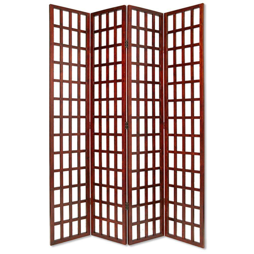 Benjara Brown 4 Panel Wooden Foldable Window Pane Screen with Grid Design