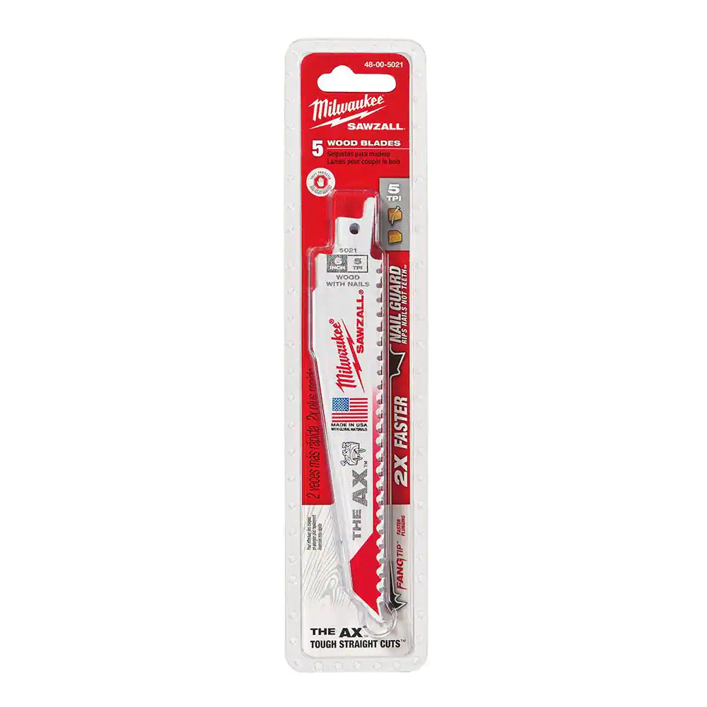 Milwaukee 6 in. 5 TPI AX Nail-Embedded Wood Cutting SAWZALL Reciprocating Saw Blades (5-Pack)