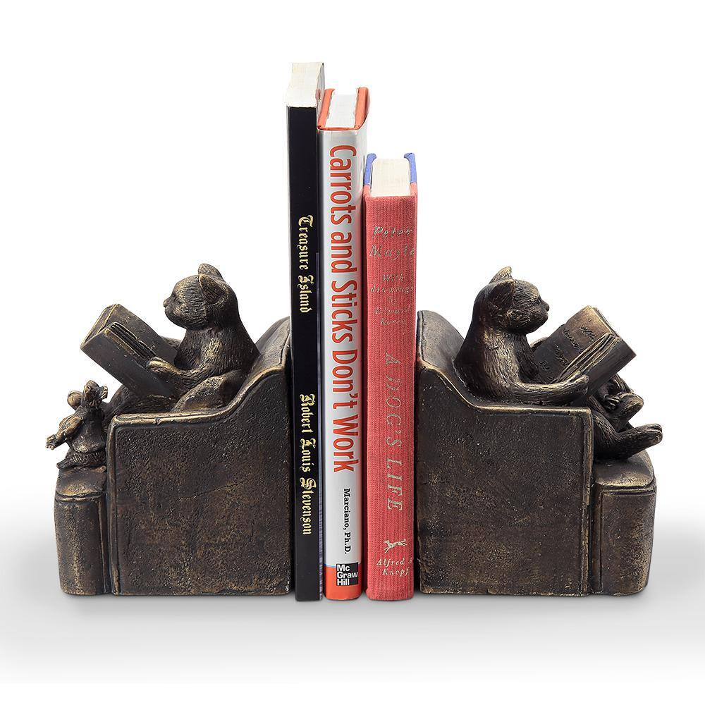 None Bronze Polystone Resin Cat and Friends Bookends (Set of 2)