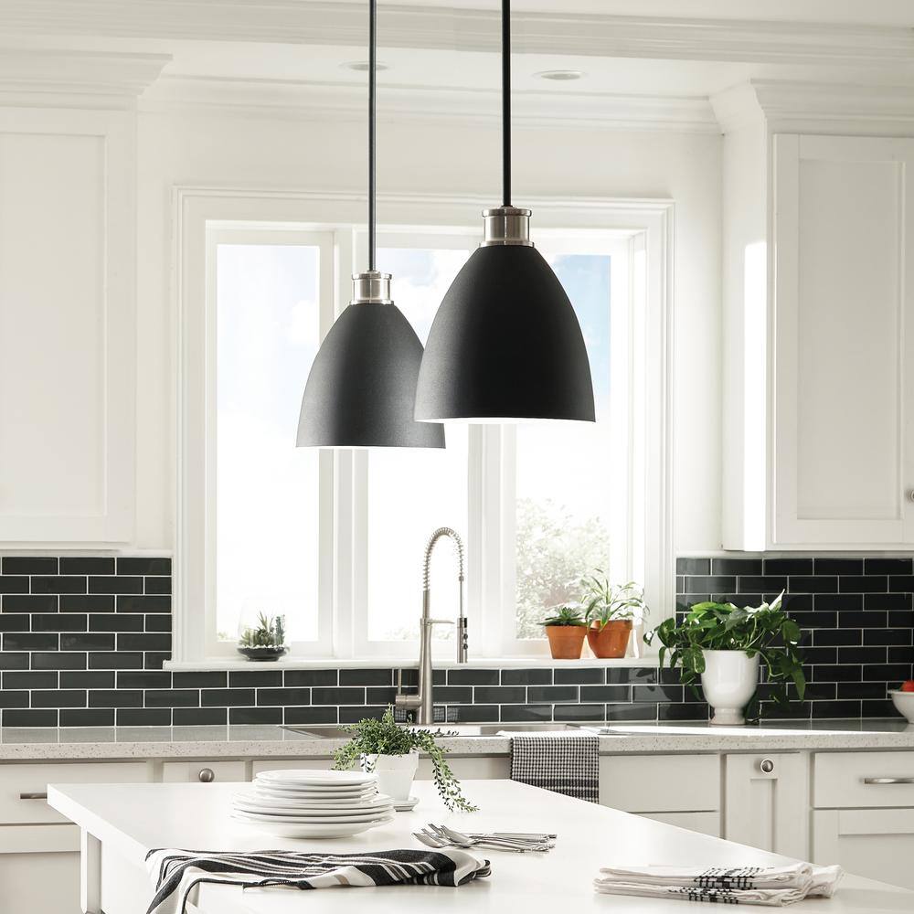 Generation Lighting Varus 10.5 in. W 1-Light Matte Black Metal Modern Industrial Pendant with Brushed Nickel Accent and White Inner Shade