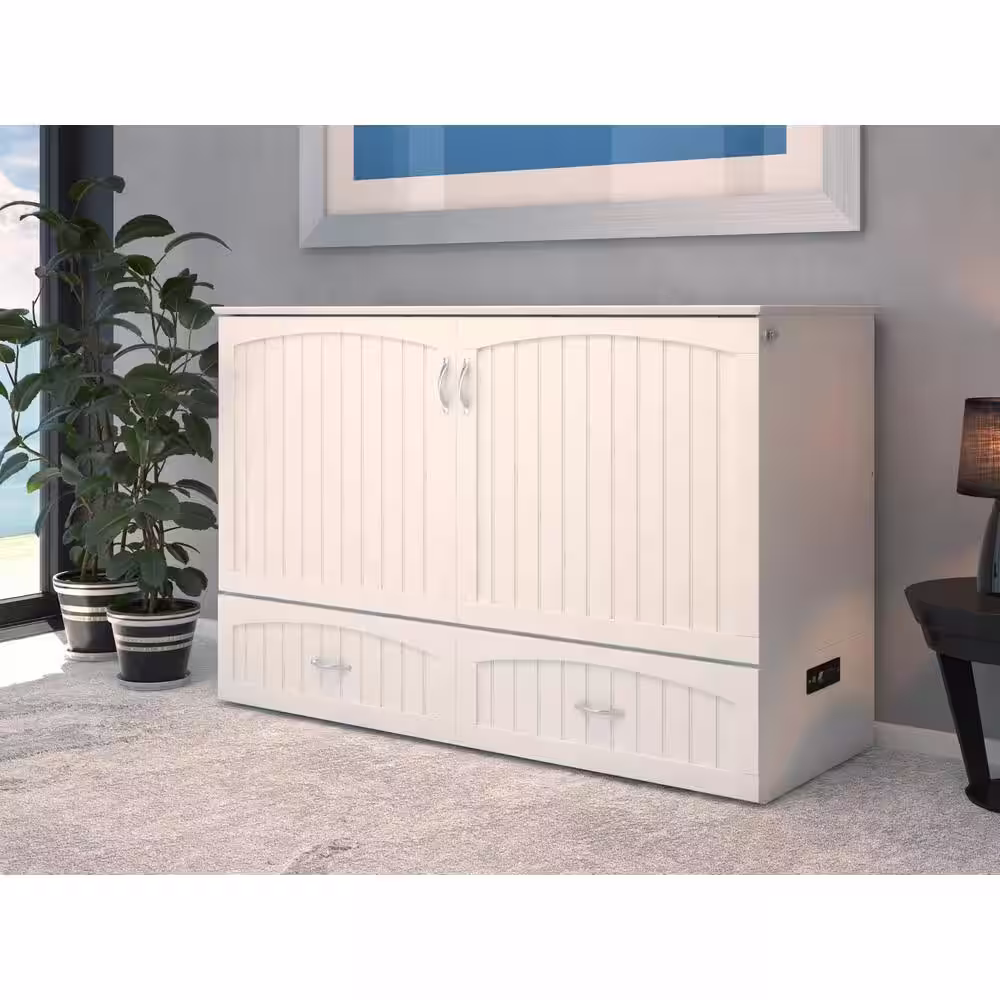 AFI Aspen White Queen Wood Murphy Bed Chest with Mattress, Storage and Built-in Charging
