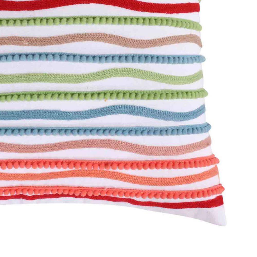 None Simone Floral Multicolor Pom Pom and Embroidered Stripes 18 in. x 18 in. Throw Pillow