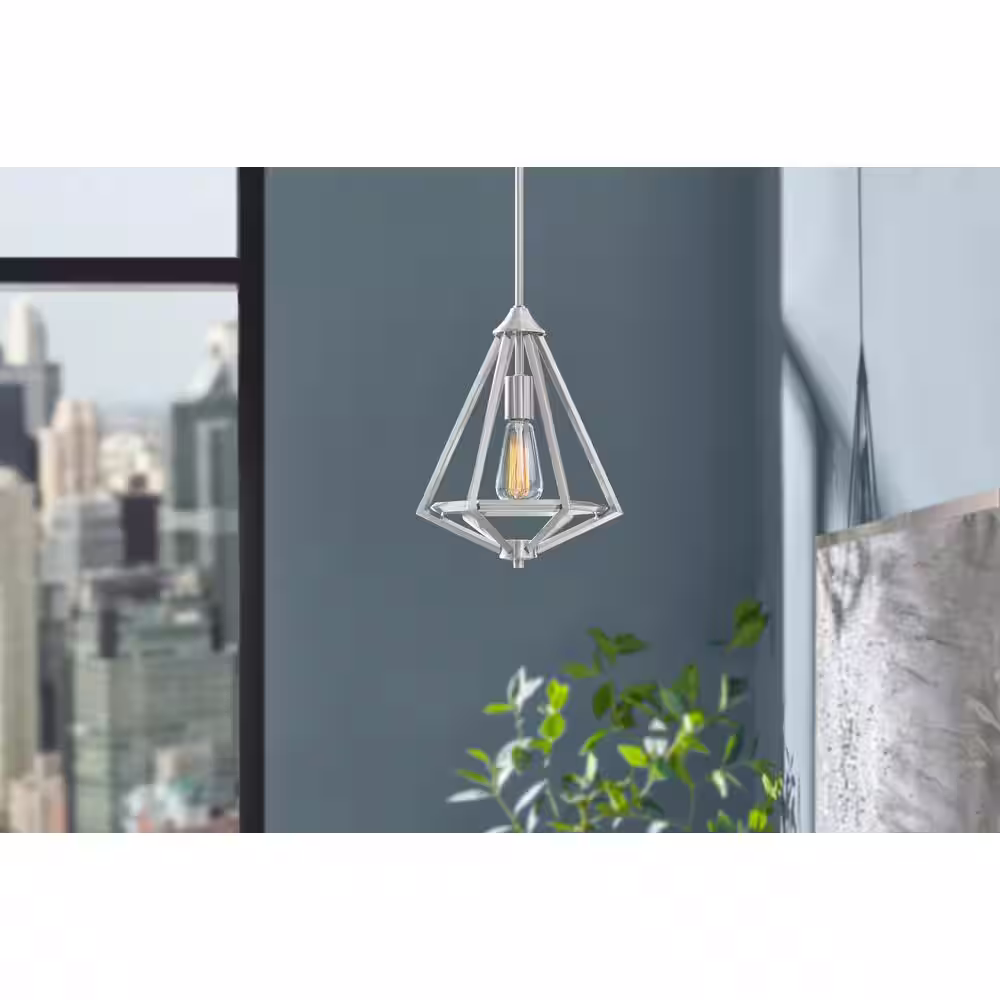 Home Decorators Collection Hubley 1-Light Triangular Brushed Nickel Mini Pendant Light Fixture with Metal Cage Shade
