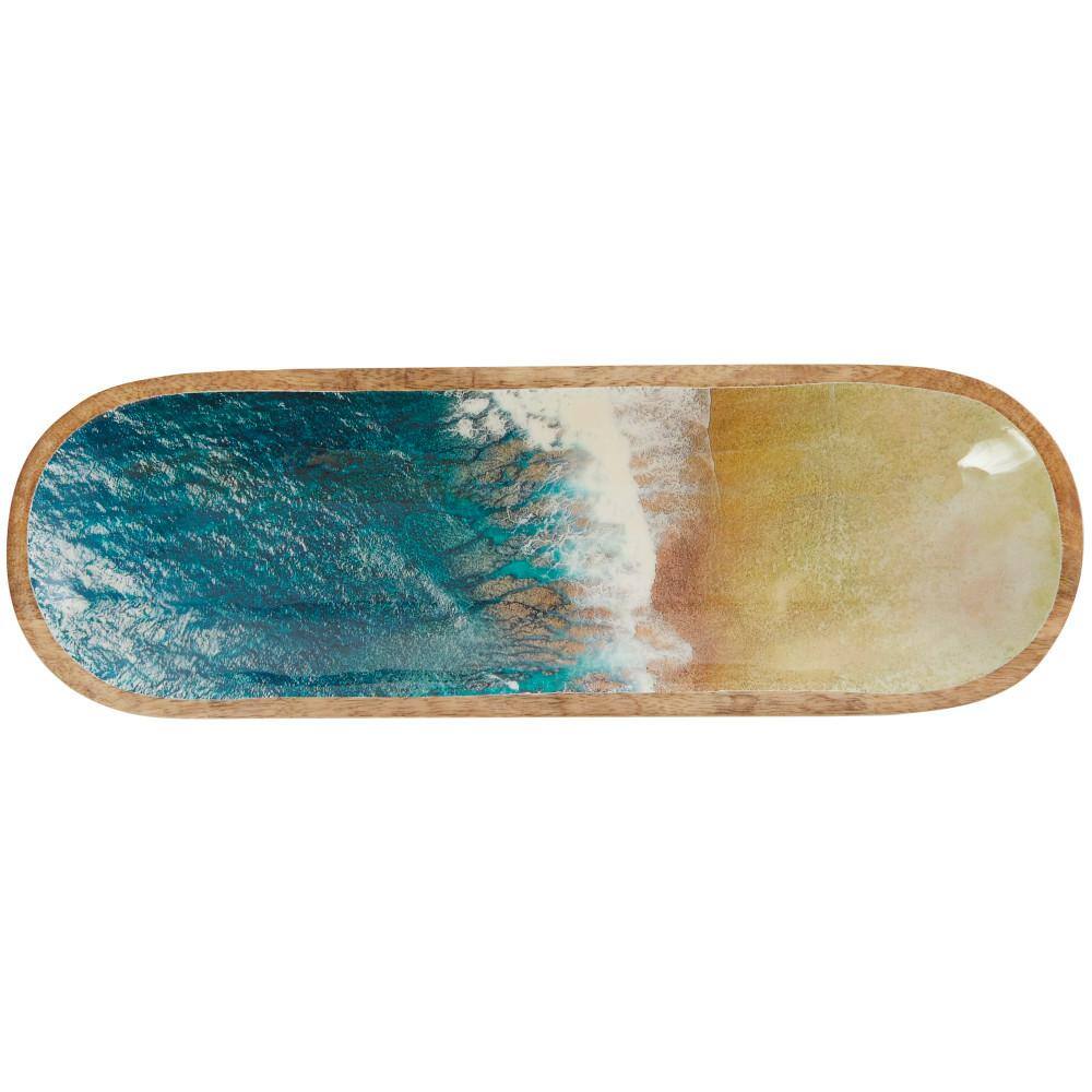 Litton Lane Brown Handmade Mango Wood Ocean Inspired Decorative Tray with Colorful Enameled Interior