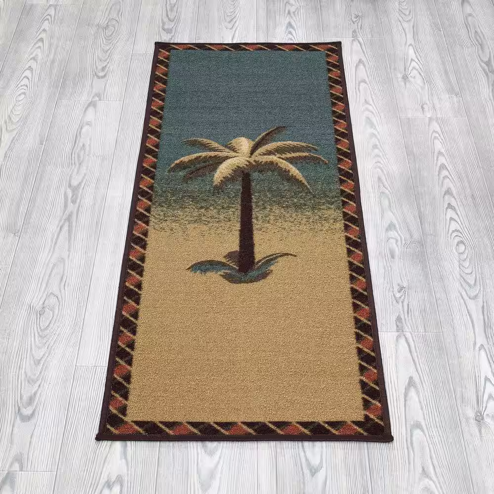 Ottomanson Sara Collection Non-Slip Rubberback Tropical Palm Tree 2x5 Kitchen Runner Rug, 1 ft. 8 in. x 4 ft. 11 in., Beige/Teal