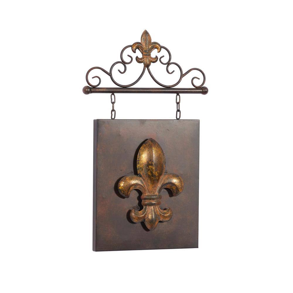 Litton Lane Metal Bronze Suspended Fleur De Lis Wall Decor with Scrollwork Hanger