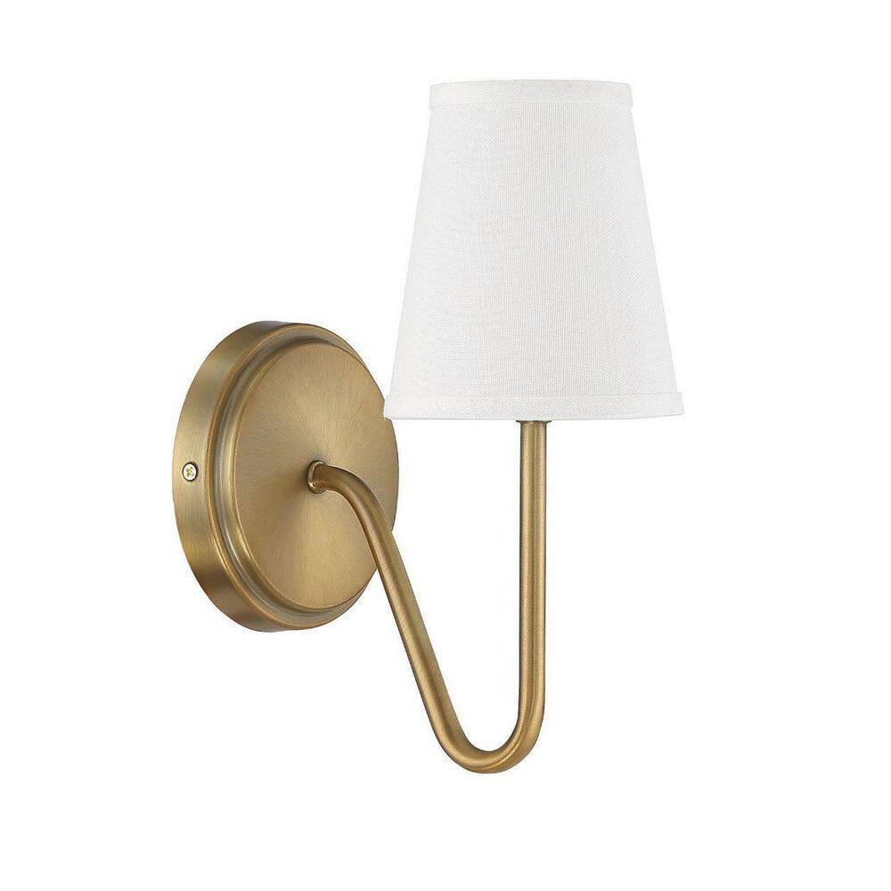 Savoy House Meridian 4.75 in. W x 11.25 in. H 1-Light Natural Brass Wall Sconce with White Fabric Shade