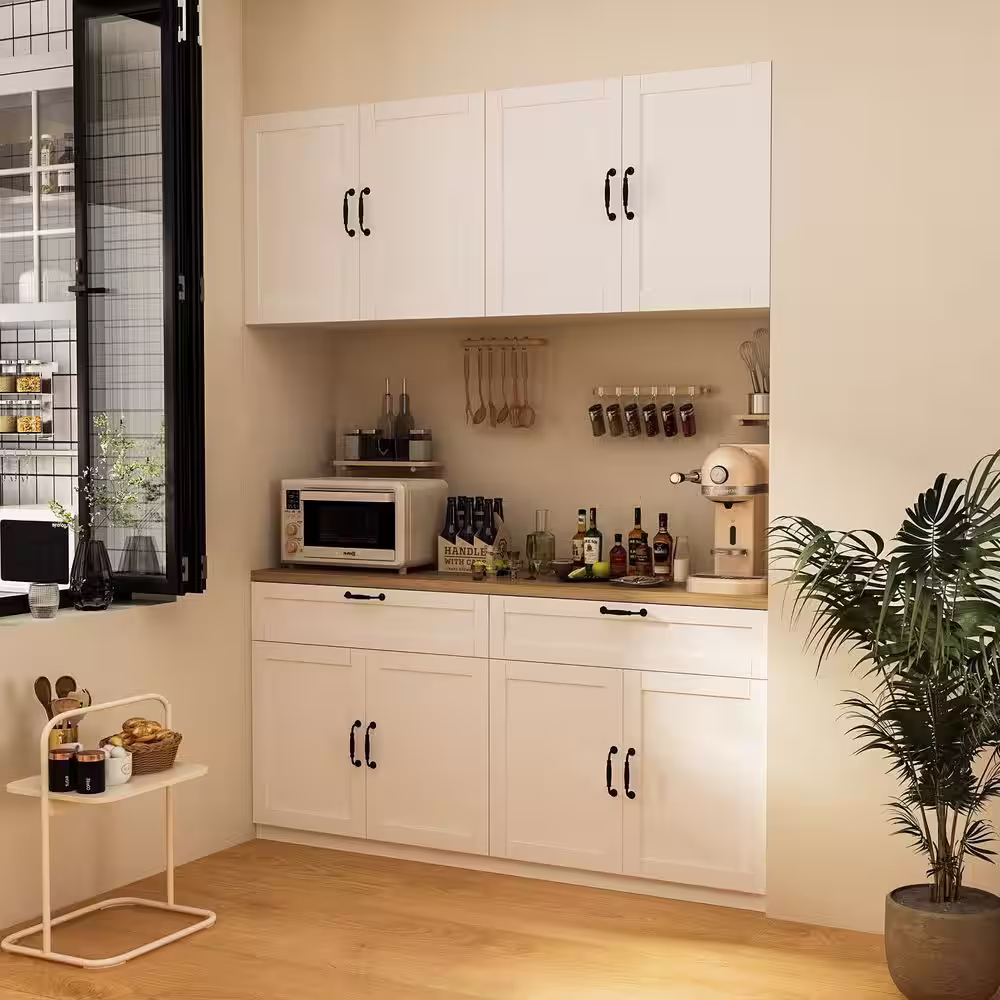 None White Wooden Sideboard, Storage Cabinet, with Wall Mounted Kitchen Cabinet( Two Parts )