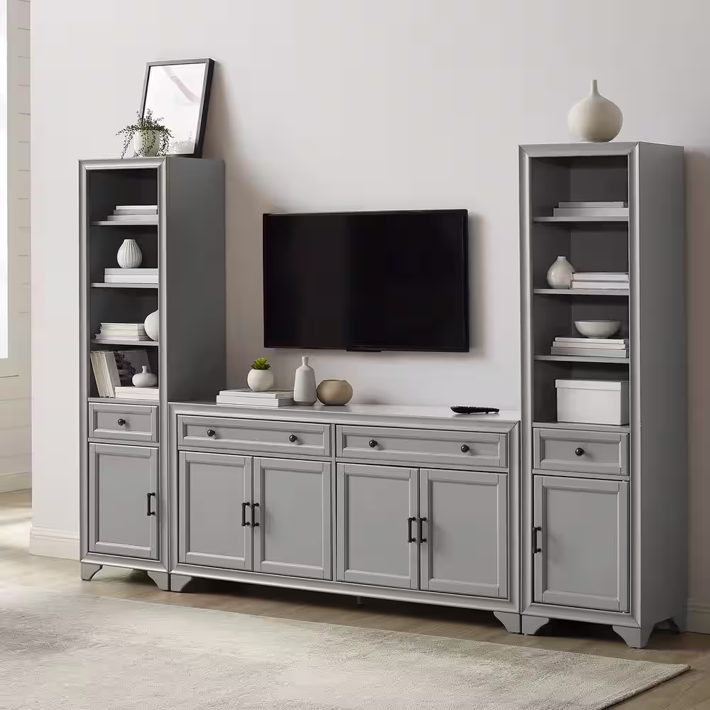 CROSLEY FURNITURE Tara 97 in. Gray Entertainment Center with 4-Drawers Fits TV's up to 65 in. with Bookshelves