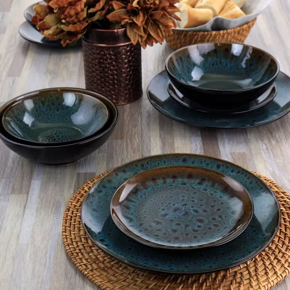 GIBSON ELITE Kyoto Teal Double Bowl 16-Piece Teal and Brown Stoneware Dinnerware Set