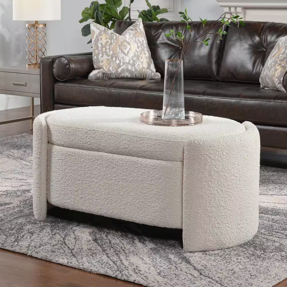 Jennifer Taylor Fuji Ivory White Boucle Upholstered Oval Storage Bench 43.5 in. x 22 in. x 19 in.