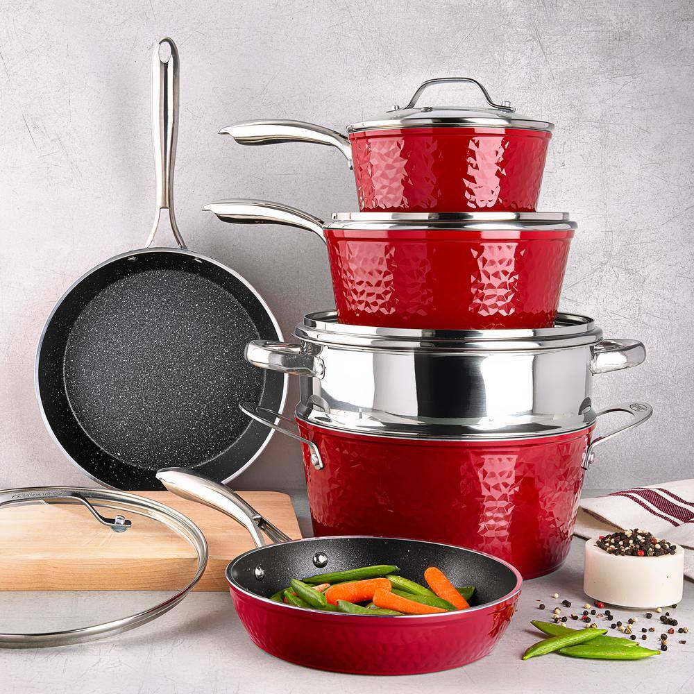 GRANITESTONE 10-Piece Aluminum Hammered Ultra-Durable Non-Stick Diamond Infused Cookware Set in Red