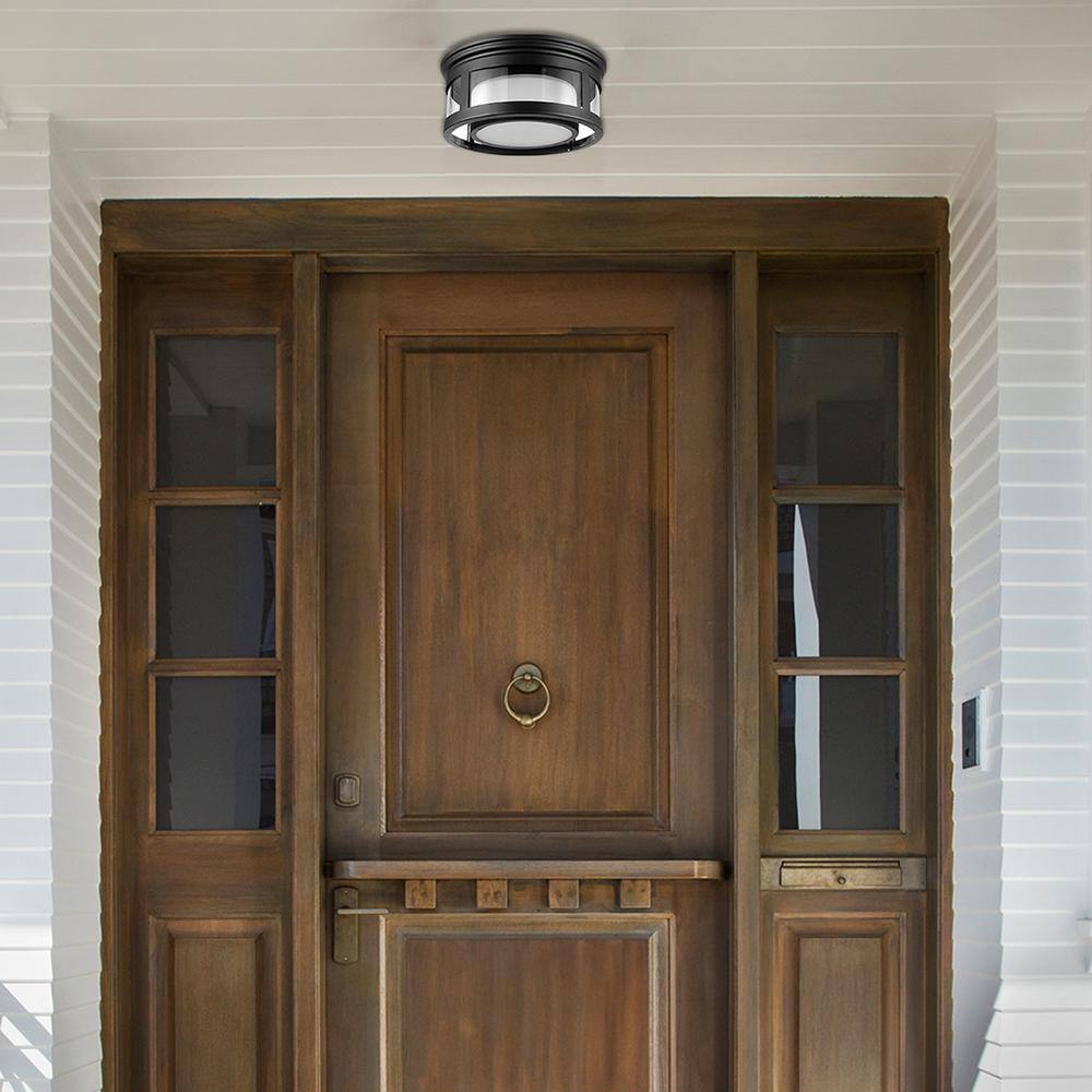 Globe Electric Brisbane 1-Light Matte Black Outdoor Indoor Flush Mount Ceiling Light with Frosted Glass Shade