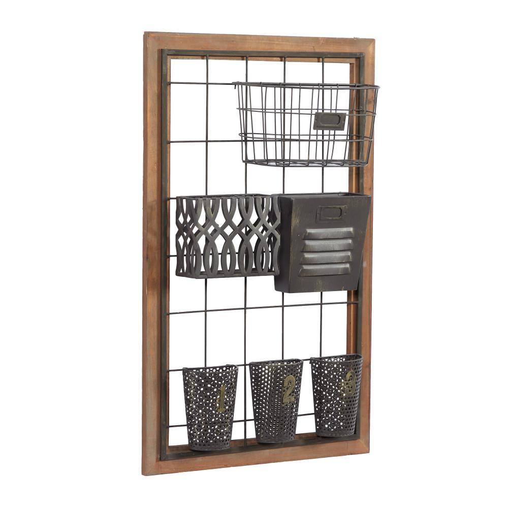 Litton Lane Brown Wall Mounted Magazine Rack Holder with Suspended Baskets and Label Slot