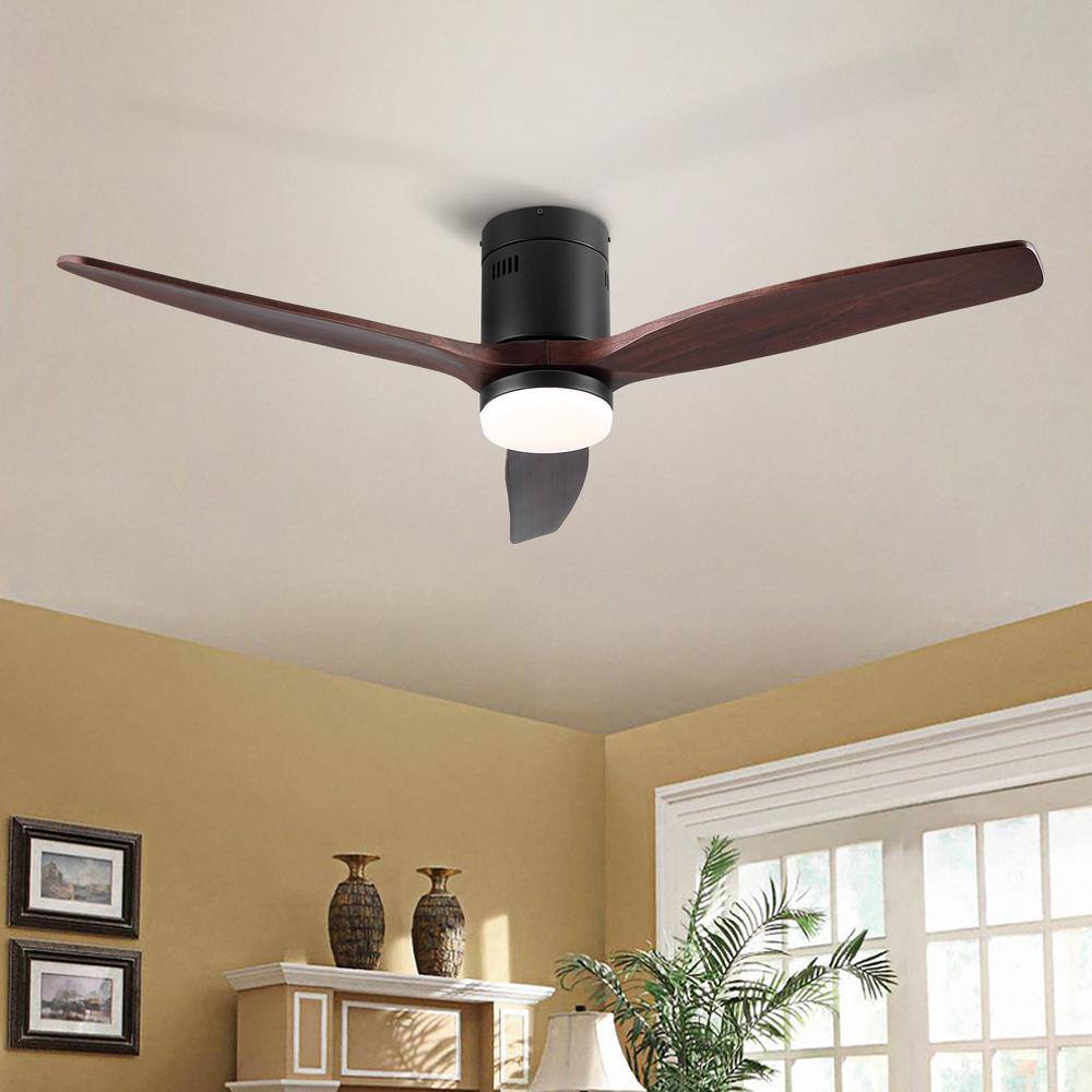 None Farmhouse 52 in. Integrated Low Profile Flush Mount Wood Ceiling Fan with Light Kit, Remote, 3 Color Changing Technology
