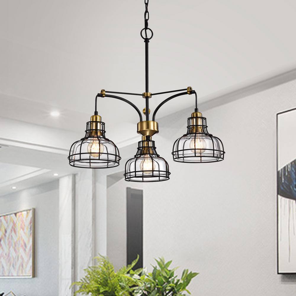 Edvivi Paris 3-Light Black and Antique Gold Industrial Chandelier with Black Cage and Clear Glass Shade