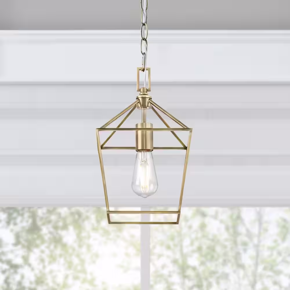 Home Decorators Collection Weyburn 1-Light Brushed Brass Farmhouse Mini Pendant Light Fixture with Caged Metal Shade