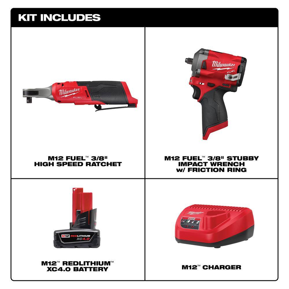 Milwaukee M12 FUEL 12-Volt Lithium-Ion Brushless Cordless High Speed 3/8 in. Ratchet & 3/8 in. Impact Wrench w/Battery & Charger
