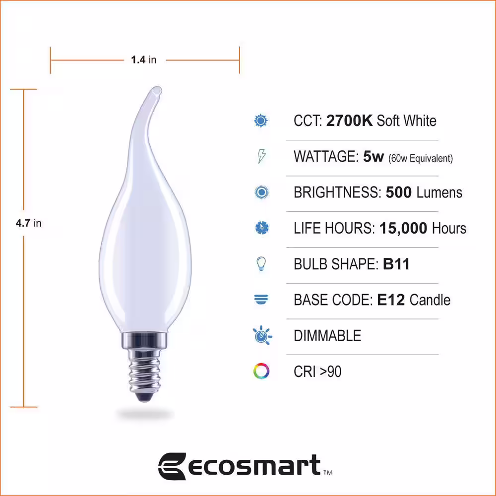 EcoSmart 60-Watt Equivalent B11 Dimmable E12 Candelabra Frosted Glass LED Vintage Edison Light Bulb Soft White (3-Pack)