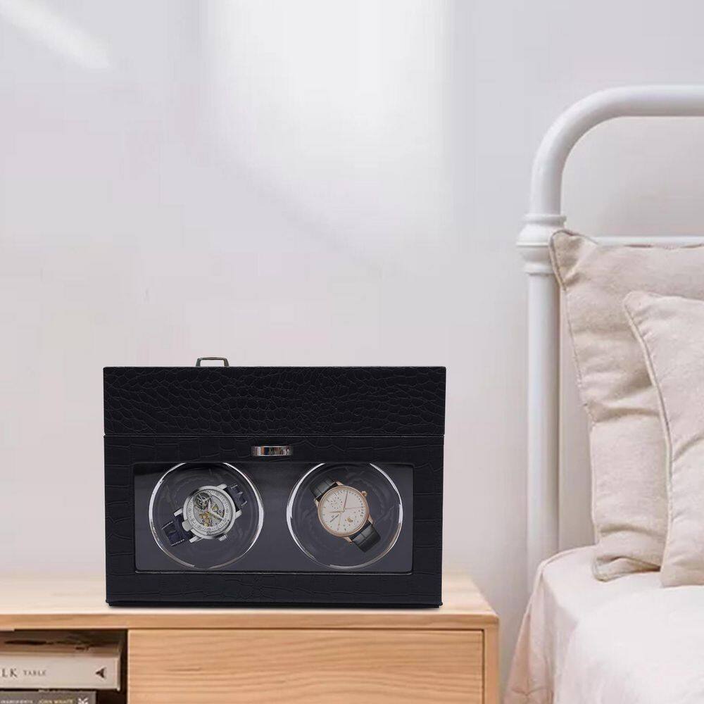 YIYIBYUS Rectangular Black PU Crocodile-effect Leather Automatic Watch Winder 2 Watch Storage with LED