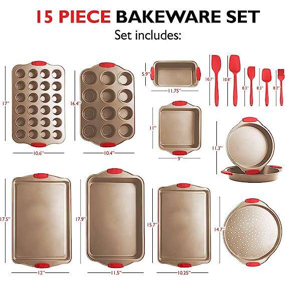 EATEX 39-Piece Nonstick Brown Steel Bakeware Set with Red Utensil and Silicone Handles