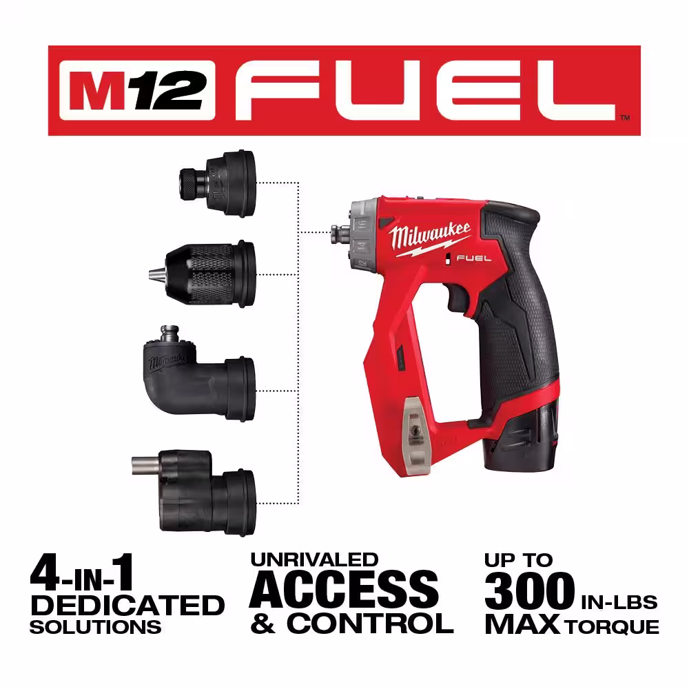 Milwaukee M12 FUEL 12V Lithium-Ion Brushless Cordless 4-in-1 Interchangeable 3/8 in. Drill Driver Kit with Right Angle Drill