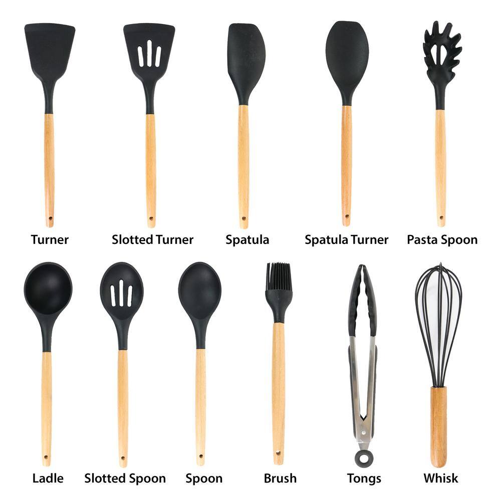 MegaChef Black Silicone and Wood Cooking Utensils (Set of 12)