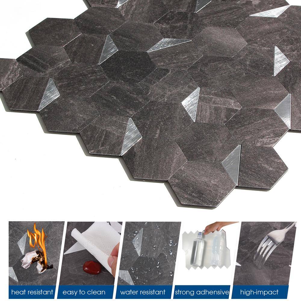 None Hexagon Charcoal Gray Mixed Metal 12 in. x 12 in. PVC Peel and Stick Backsplash Wall Tile (20 sq.ft./10-Sheets)