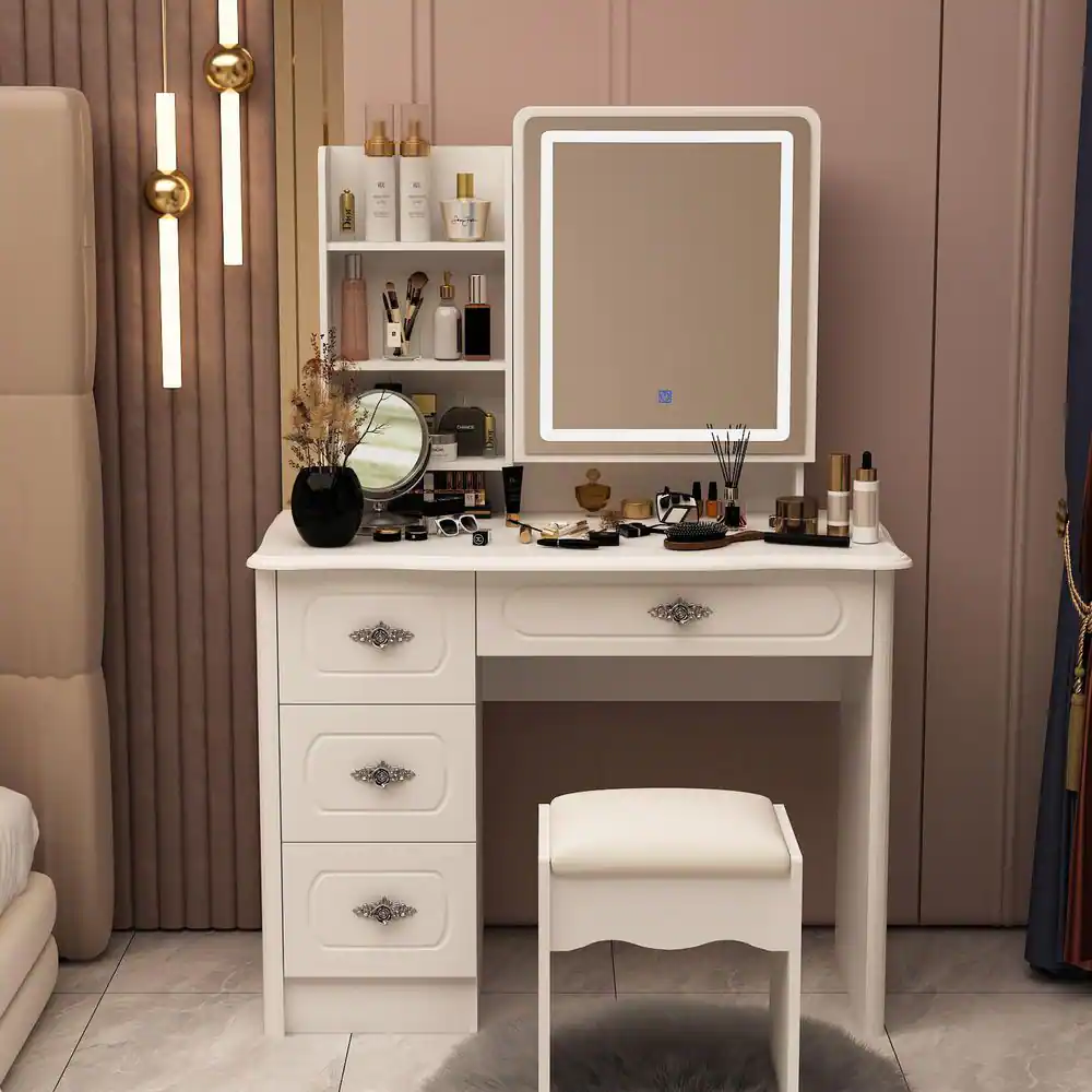 FUFU&GAGA 4-Drawers Push-Pull Mirror White Makeup Vanity Sets Dressing Table Sets With Color Change LED, Stool, 3-Tier Shelves