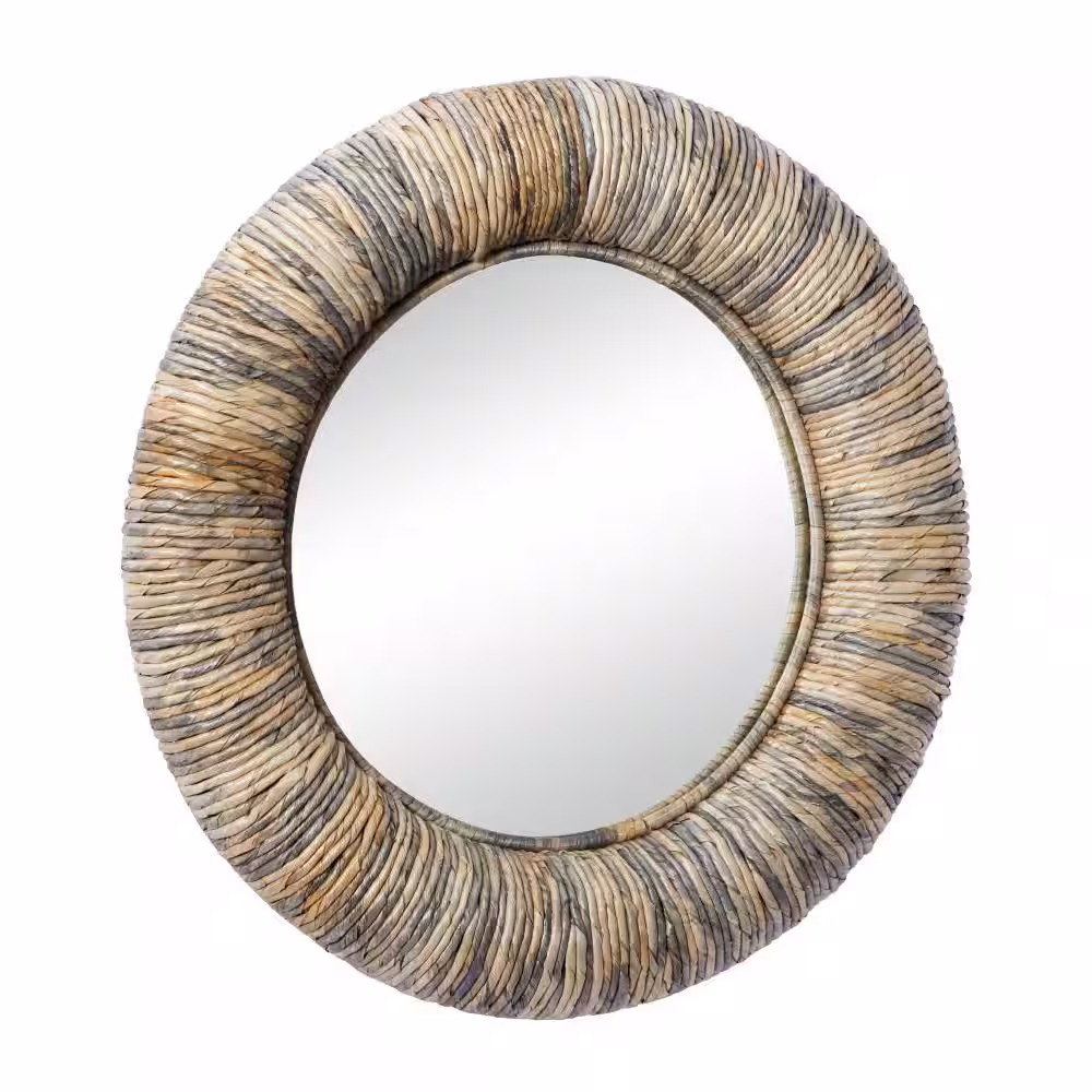 Litton Lane 35 in. x 35 in. Round Framed Gray Wall Mirror with Coiled Frame and Blue Accents
