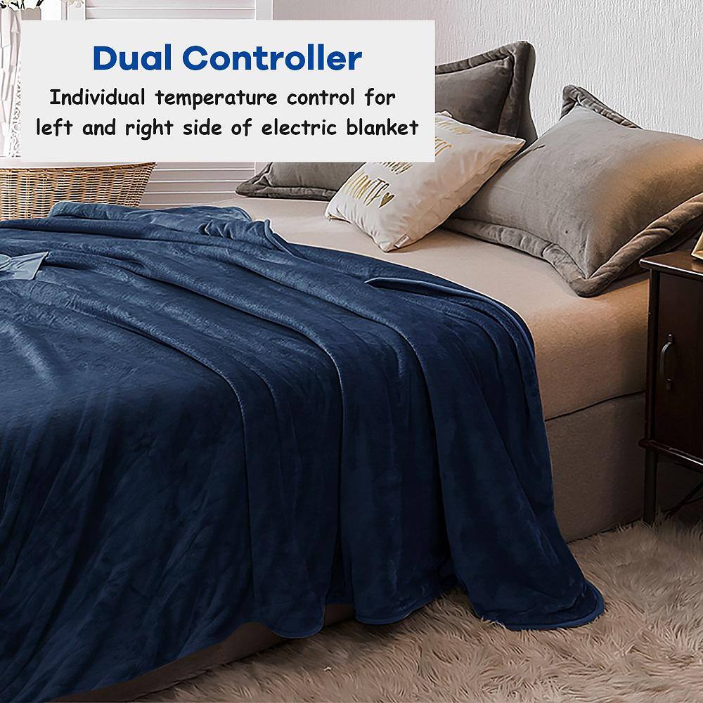 Costway Blue Flannel 84 in. x 90 in. Heated Electric Throw Blanket with Dual Controllers