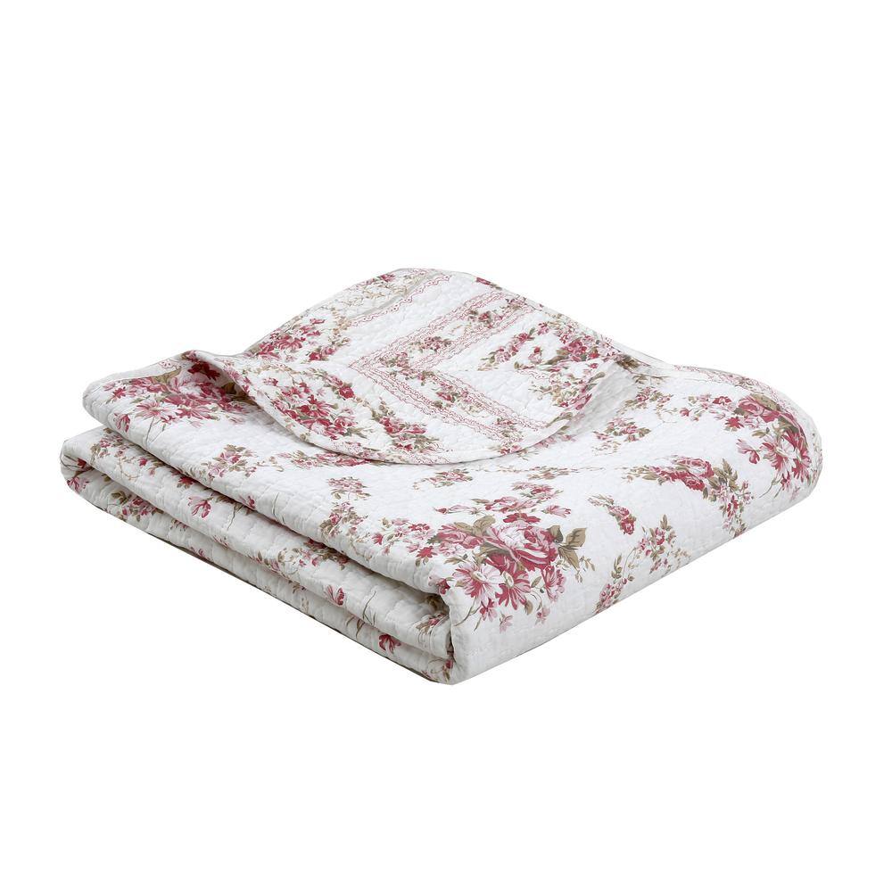 None Floral Rose Vintage Toile Scalloped Cream Pink Cotton 60 in. x 50 in. Throw Blanket
