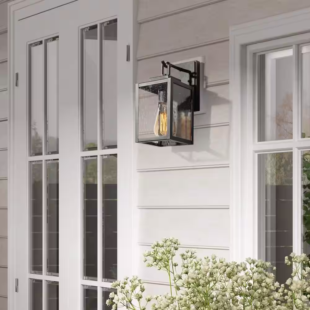 LNC Black Outdoor Wall Sconce, Garage Porch Entry Water-resistant Anti-Rust Square Exterior Lighting with Seeded Glass Shade