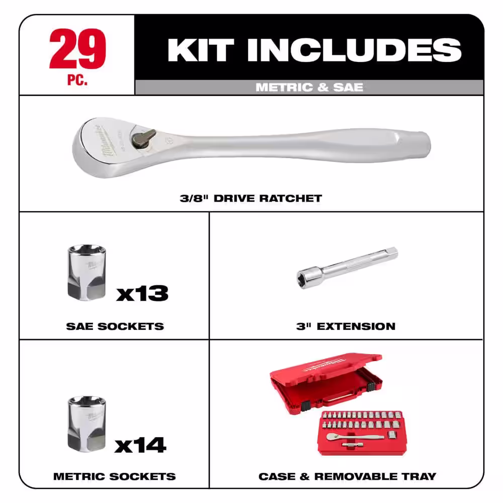 Milwaukee 3/8 in. Drive SAE/Metric Ratchet and Socket Mechanics Tool Set (29-Piece)