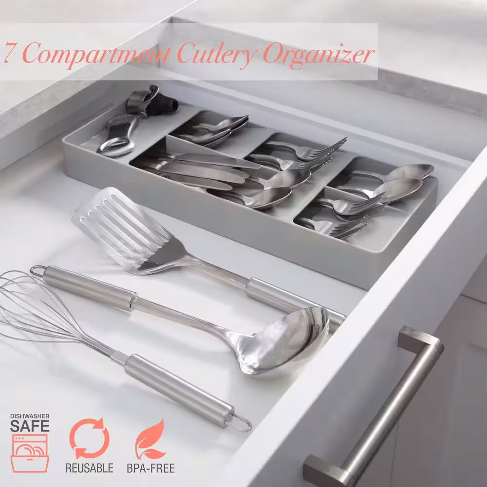 Kitchen Details 7 Slot 1.77 in. H x 6.22 in. W x 15.75 in. D Plastic Drawer Cutlery Organizer in Grey