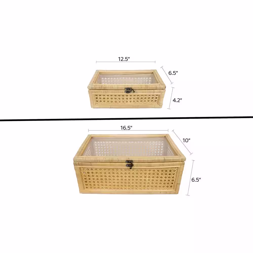 None Set of 2 Rattan Box with Lids, Rectangular Woven Case with Glass for Display, Shagreen Box, Decorative Boxes