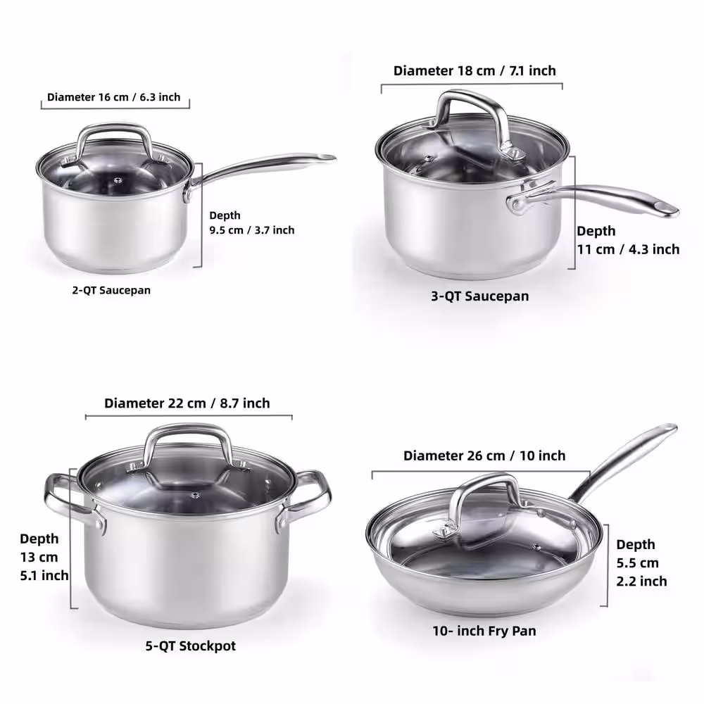 Cook N Home 8-Piece Stainless Steel Cookware Set in Silver