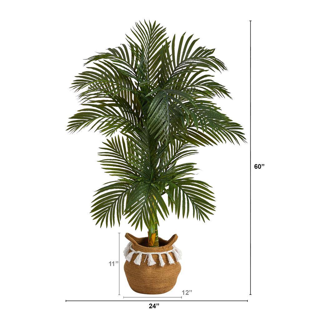 Nearly Natural 60 in. Green Artificial Double Stalk Cane Palm Tree in Handmade Woven Cotton Basket