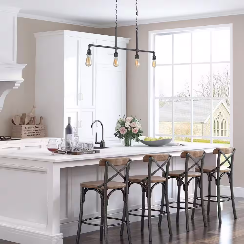 LNC Black Island Chandelier, Industrial 4-Light Linear Matte Black Pipe Chandelier Kitchen Hanging Pendant Light