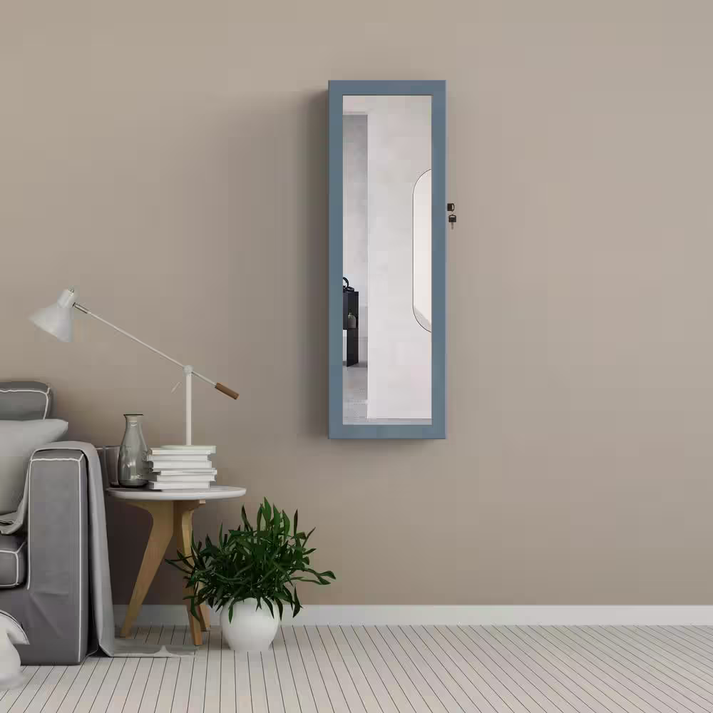 None Blue Fashion Simple Jewelry Storage Mirror Cabinet With LED Lights Can Be Hung On The Door Or Wall