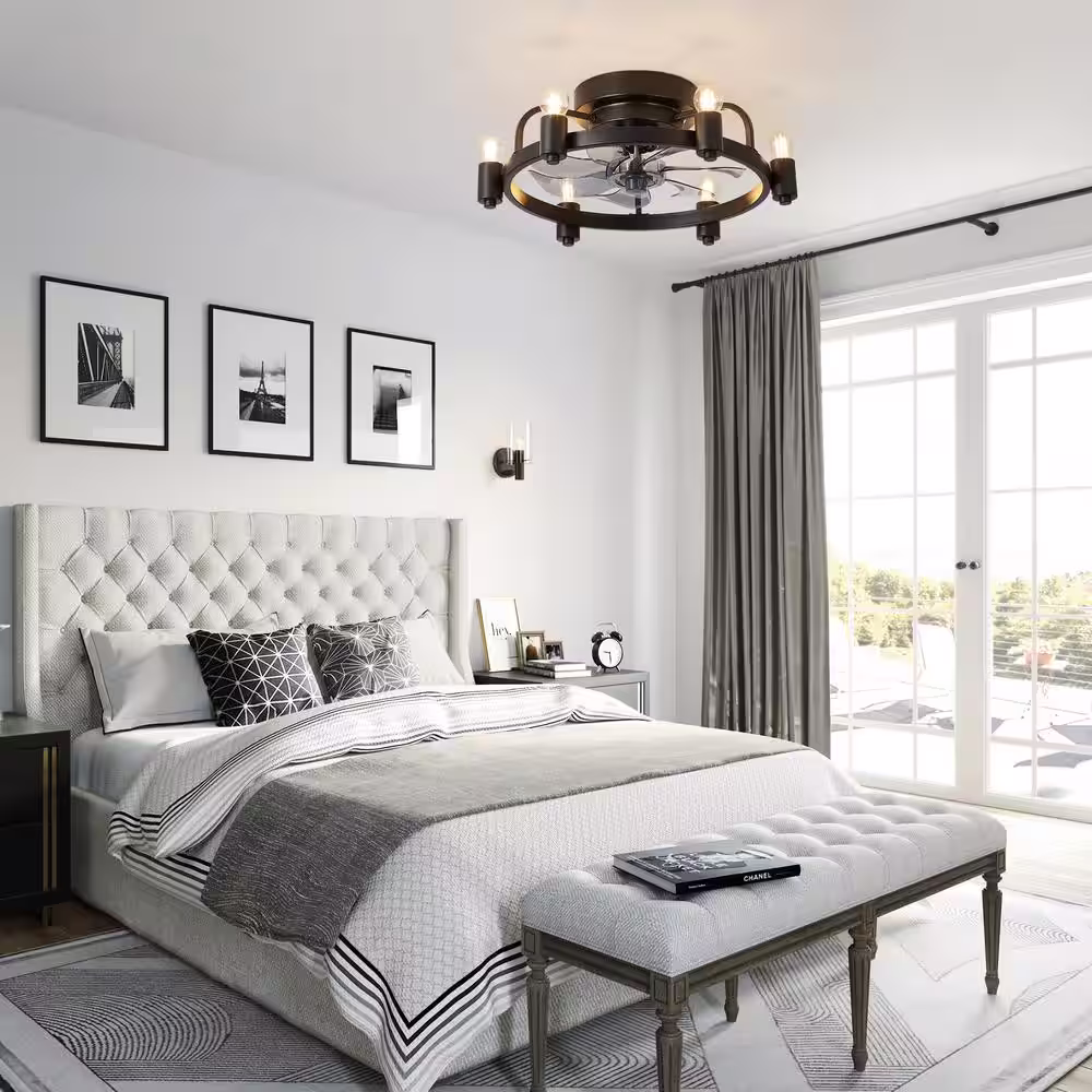 None 20 in. Black Indoor Flush Mount Ceiling Fan with Light and Remote Low Profile Bedroom Ceiling Fan Ceiling Light with Fan