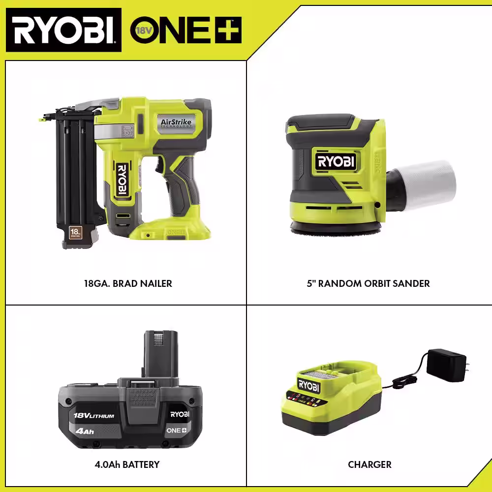 RYOBI ONE+ 18V 18-Gauge Cordless AirStrike Brad Nailer with Cordless 5 in. Random Orbit Sander, 4.0 Ah Battery, Charger